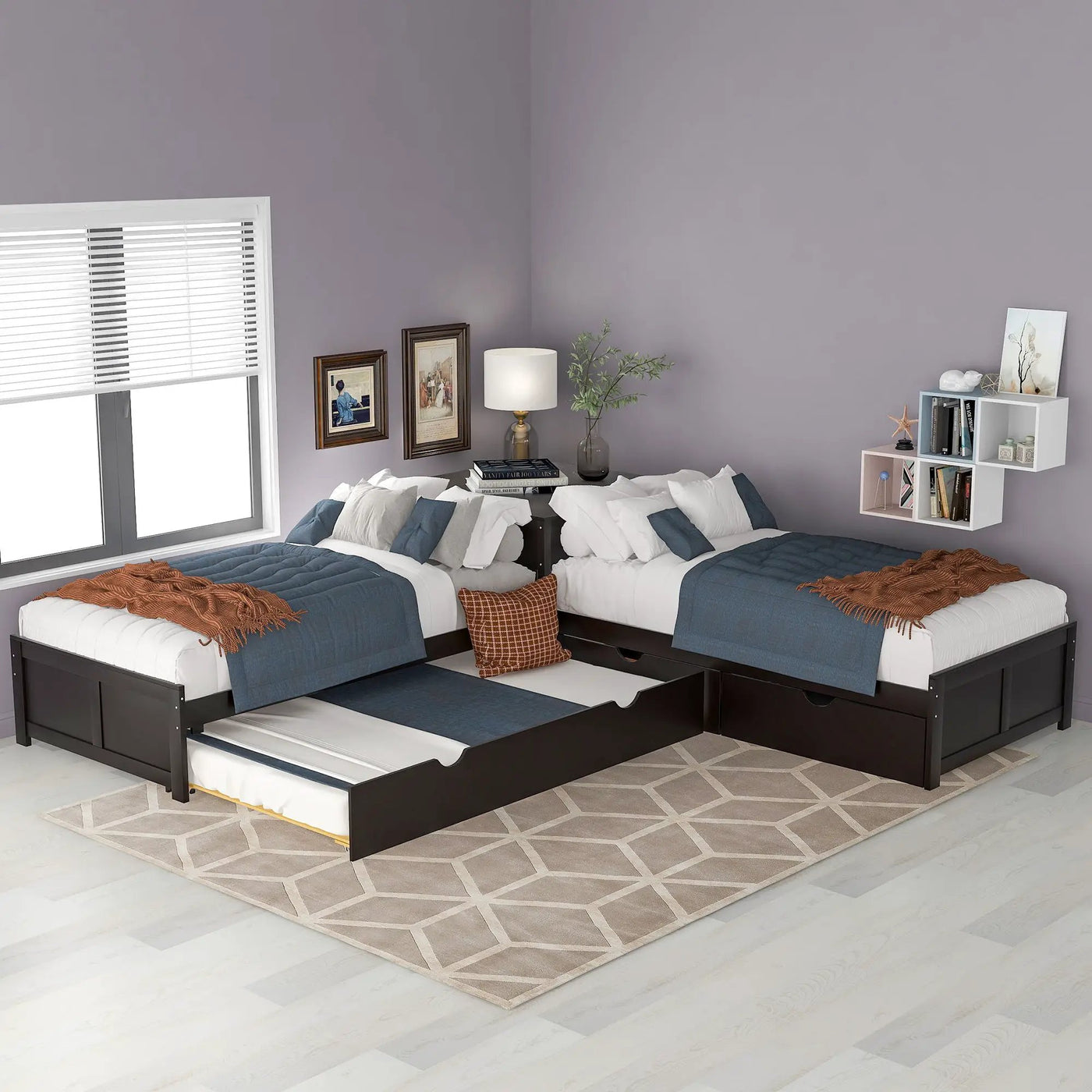 L Shaped Platform Bed With Trundle And Drawers Linked With Built In Desk by Unique Piece Furniture