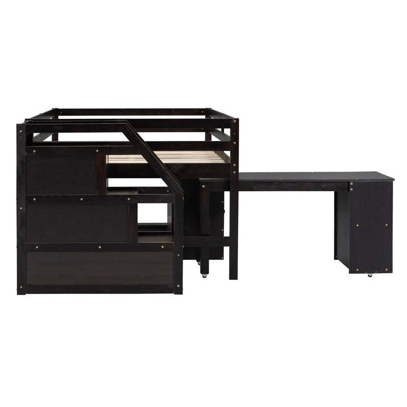 Loft Bed With Retractable Writing Desk And 3 Drawers With Storage Stairs And Shelves by HouseOfZazla