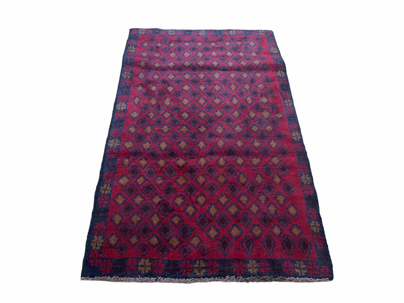 3x5 New Vintage Handmade Tribal Wool Rug Balouch Rug Afghan Rug Red Blue Diamond by Jewel Rugs