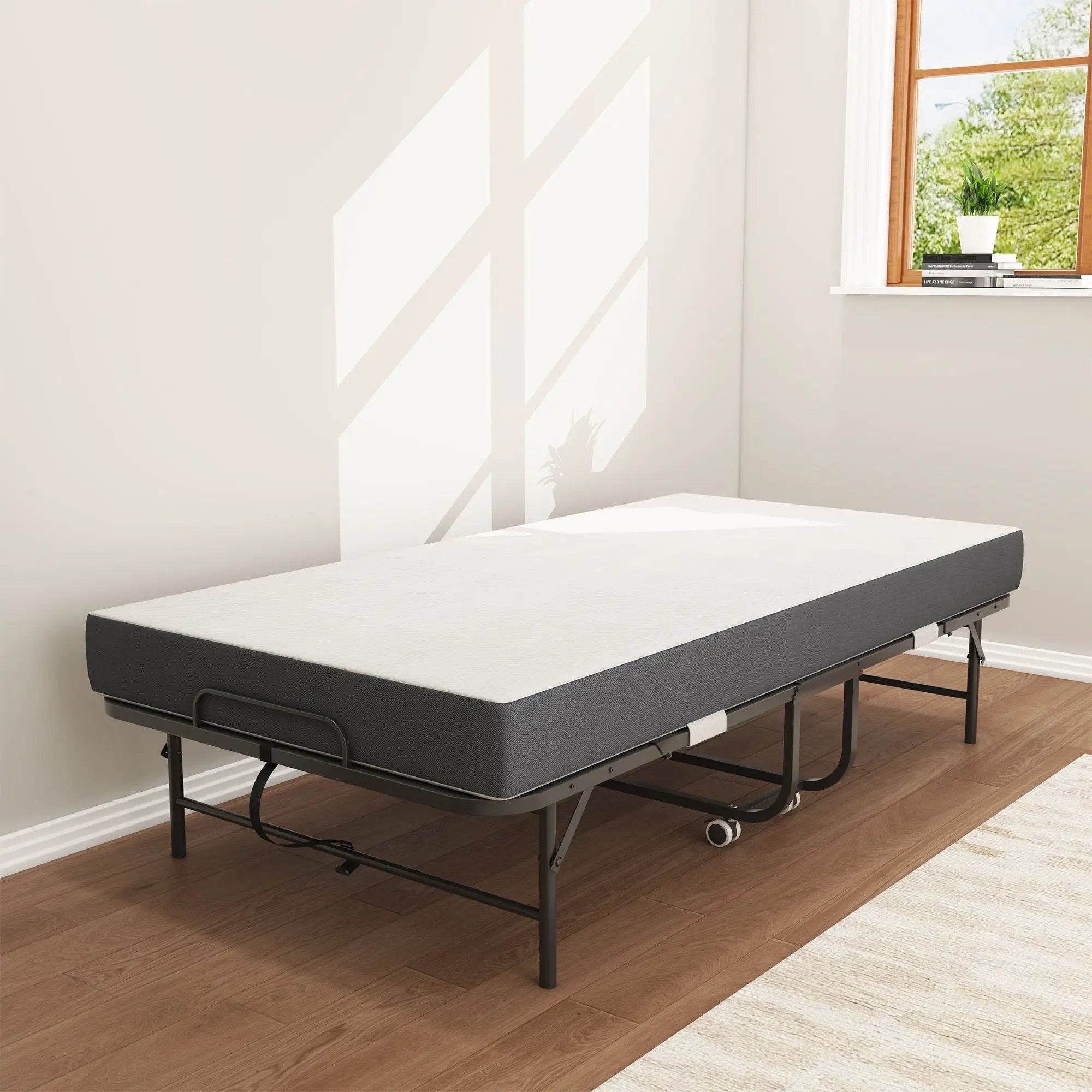 Twin Extra Long Folding Bed For Tall People, Heavy-Duty Rollaway Guest With Memory Foam Mattress - Black by HouseOfZazla