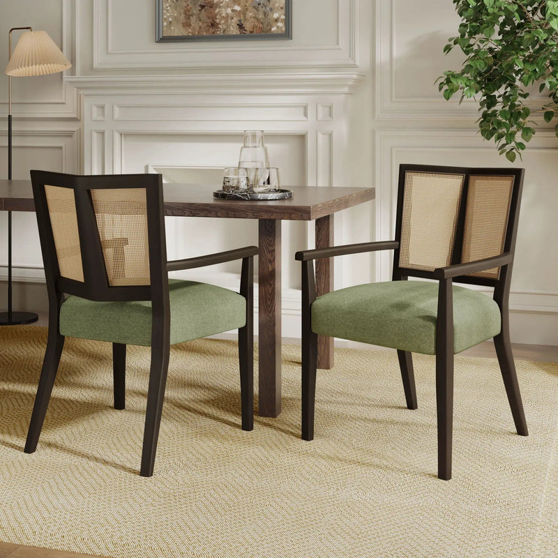 Mid Century Modern Arm Dining Chair Set With Rattan Backrest by HouseOfZazla