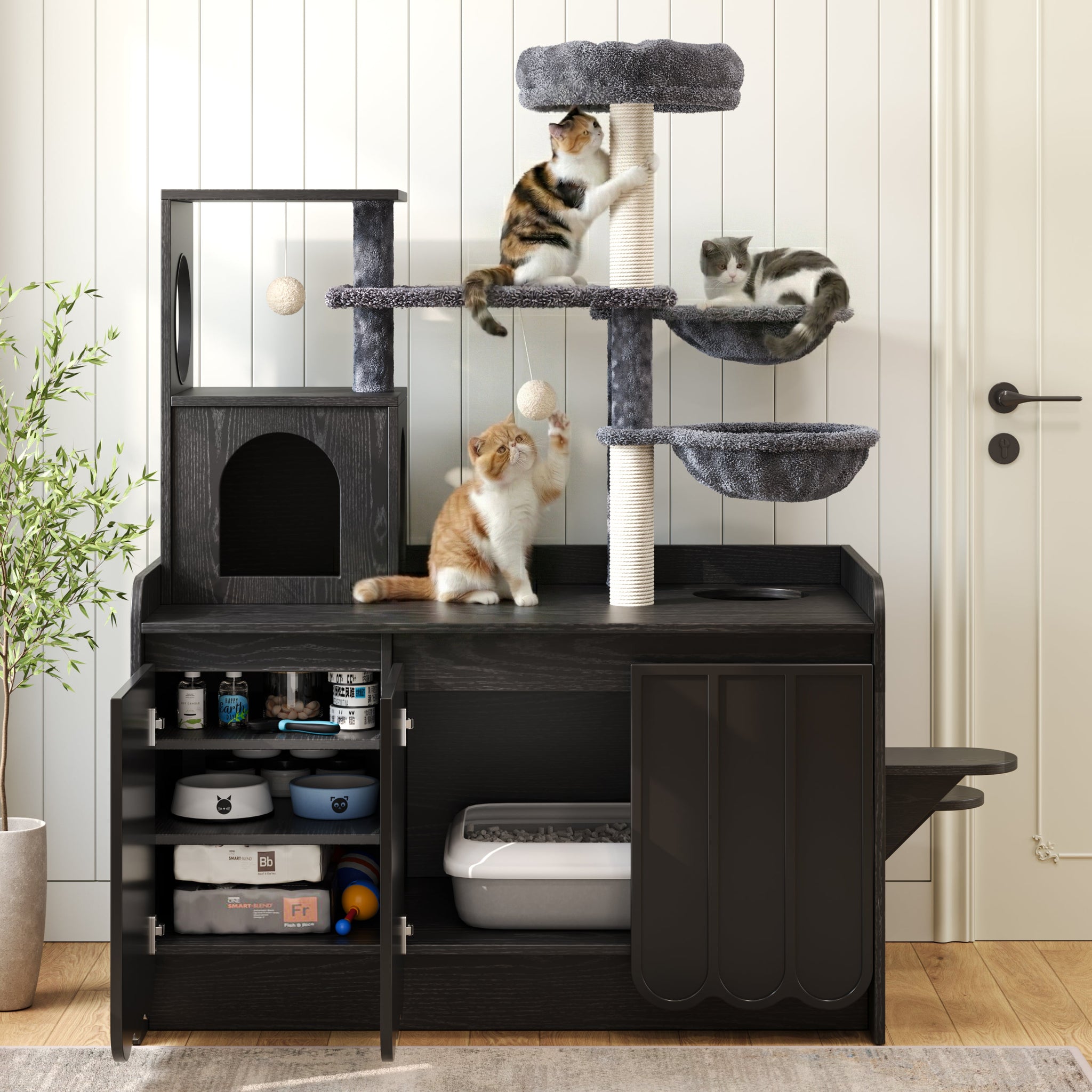 50.6" Cat Tree with Litter Box Enclosure and Sisal Scratching Post by HouseOfZazla
