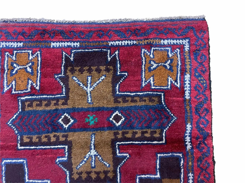 2' 10" X 4' 9" Vintage Handmade Tribal Wool Rug Balouchi Rug Afghan Rug Red Blue by Jewel Rugs