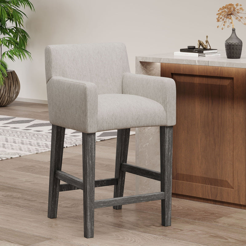 Charmed Upholstered Counter Stool with H-Frame Base and Round Arms by HouseOfZazla