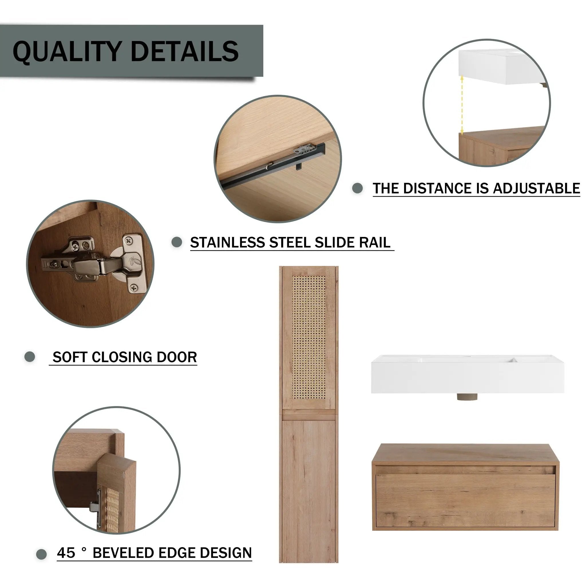 Contemporary Wall Mounted Bathroom Vanity With Resin Sink And 2 Side Cabinet - Imitative Oak by HouseOfZazla