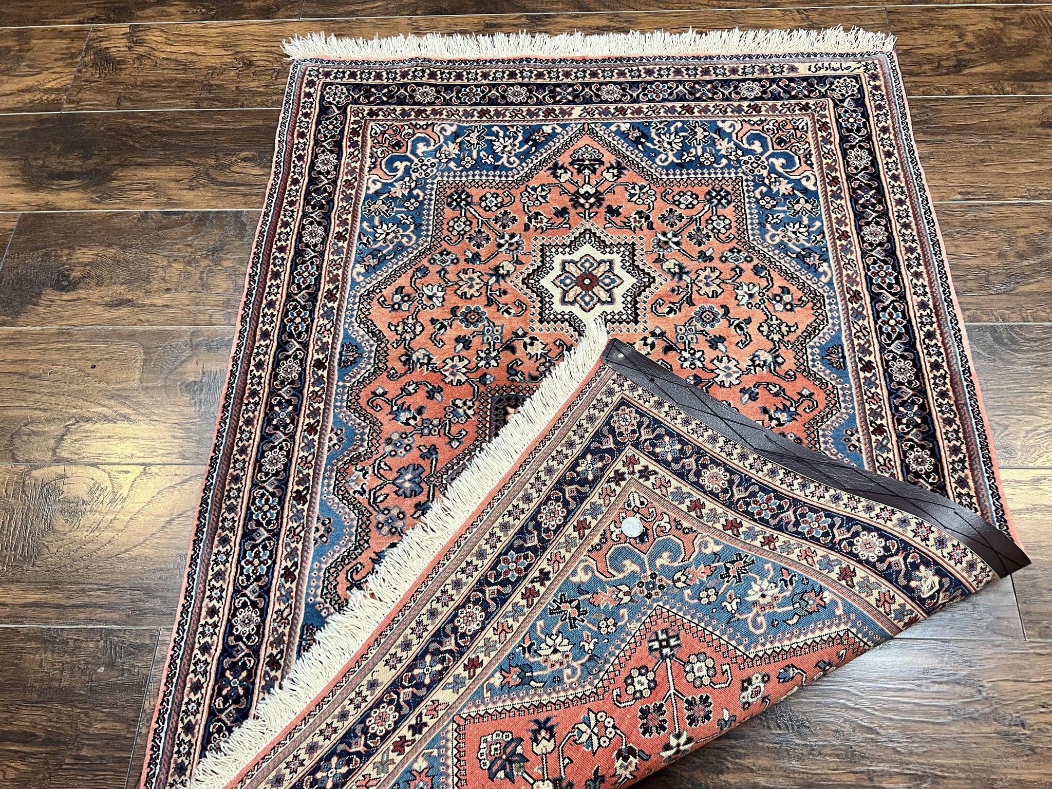 Persian Shiraz Rug 3x5, Geometric Tribal Rug, Wool Hand Knotted Vintage Carpet, Light Red & Blue, Signed by Masterweaver by Jewel Rugs