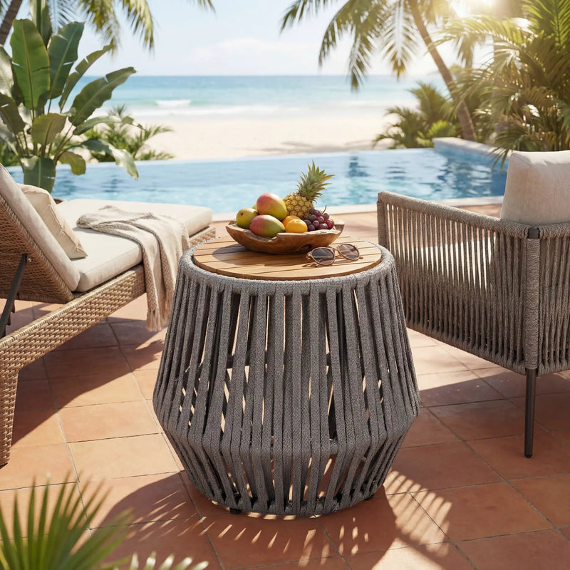Outdoor Side Table with Rope and Acacia Wood by HouseOfZazla