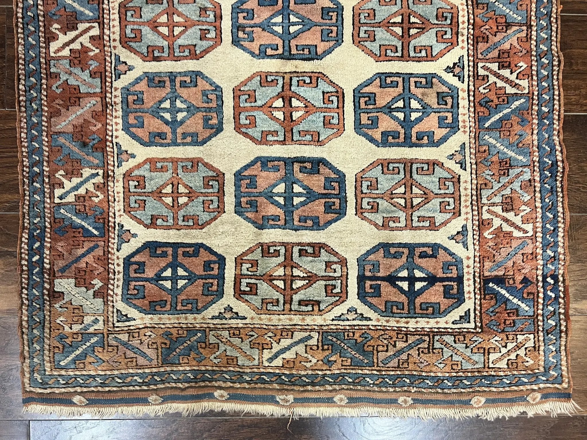 Turkish Kazak Rug 3x4, Wool Hand Knotted Handmade Vintage Carpet, Geometric Tribal Repeated Motif, Small 3 x 4 Antique Rug, Cream Red by Jewel Rugs
