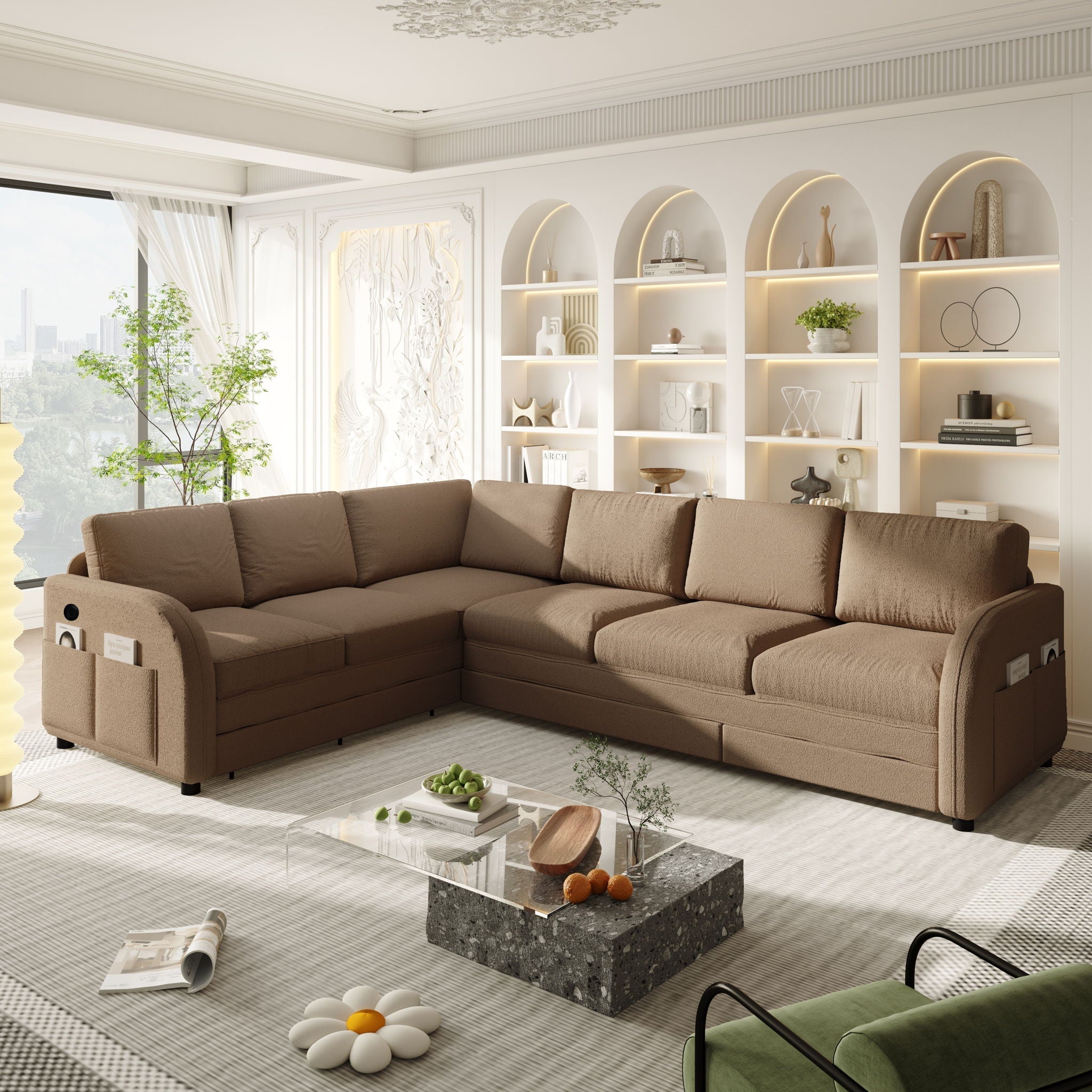 L-Shaped Couch With Pull-Out Bed, Convertible Sleeper Sofa With Side Pocket & USB Port by HouseOfZazla