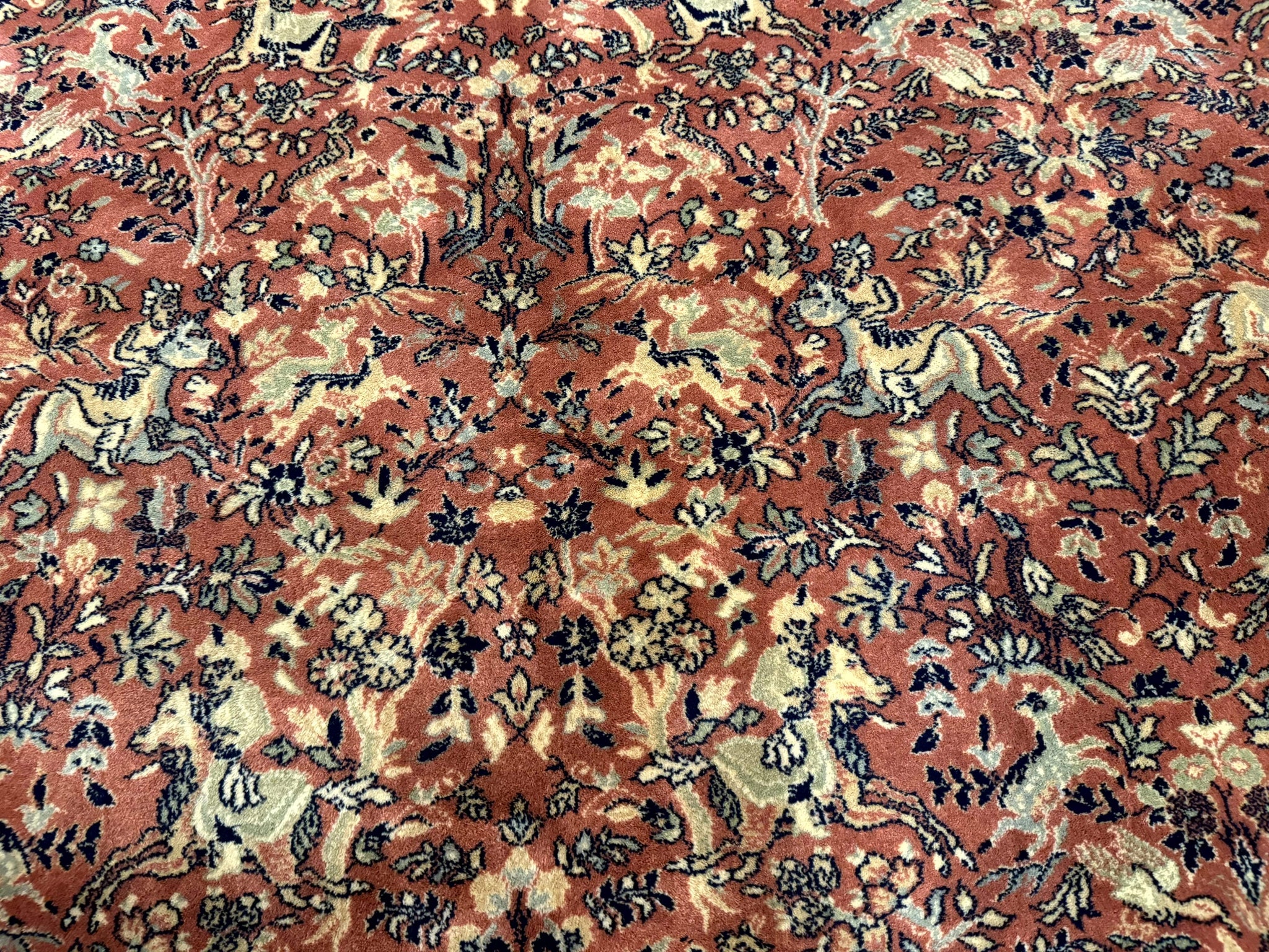 Persian Area Rug 8 x 11.6, Wool, Royal Hunting Scene, Vintage Couristan Rug, Red, Allover Pattern, Belgium Power Loomed by Jewel Rugs