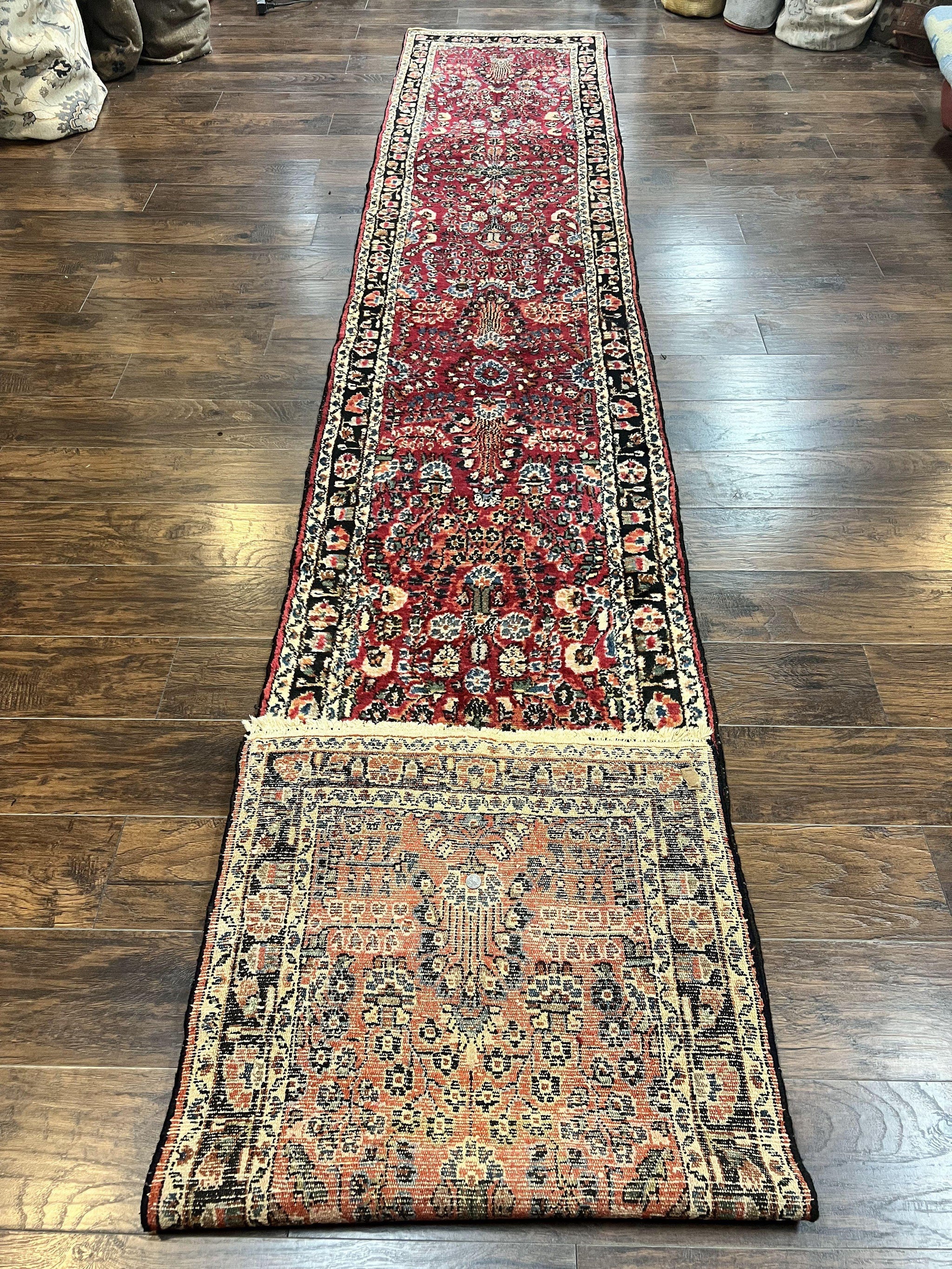 Antique Persian Runner Rug 2.9 x 17, Rare Sarouk Runner, Handmade Wool Rug for Hallway, Red, Floral by Jewel Rugs