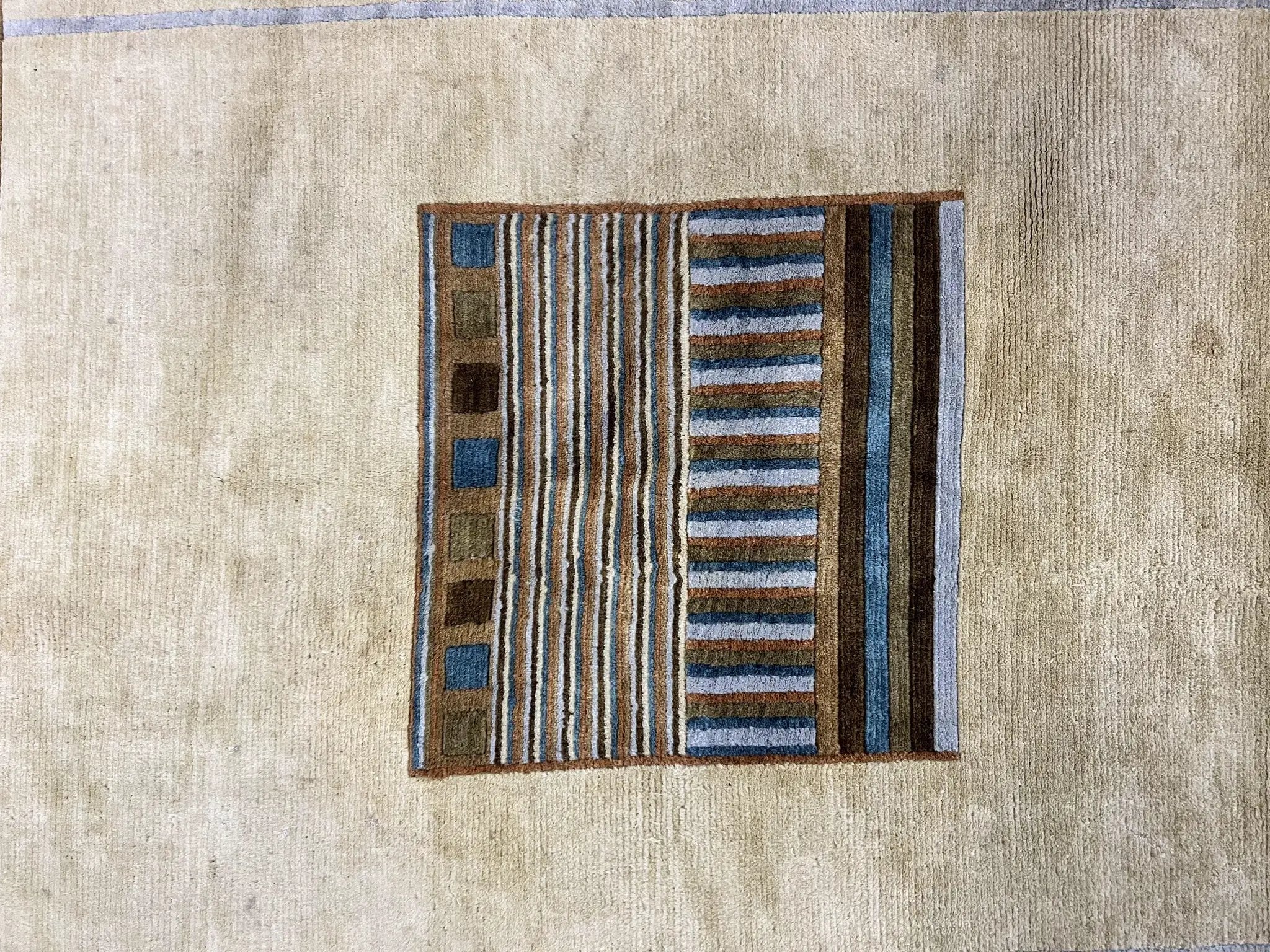 Tibetan Rug 5x8, Contemporary Rug 5 x 8 ft, Cream Brown Blue Hand-Knotted Wool w/ Silk Highlights Tibetan Carpet, Modern Rug by Jewel Rugs