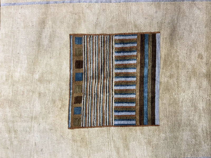 Tibetan Rug 5x8, Contemporary Rug 5 x 8 ft, Cream Brown Blue Hand-Knotted Wool w/ Silk Highlights Tibetan Carpet, Modern Rug by Jewel Rugs