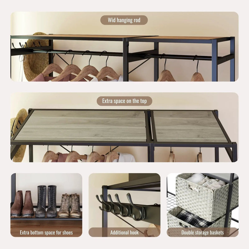 Garment Rack With Shelves, 2 Wicker Drawers, 4 Hooks, Organizer by Unique Piece Furniture