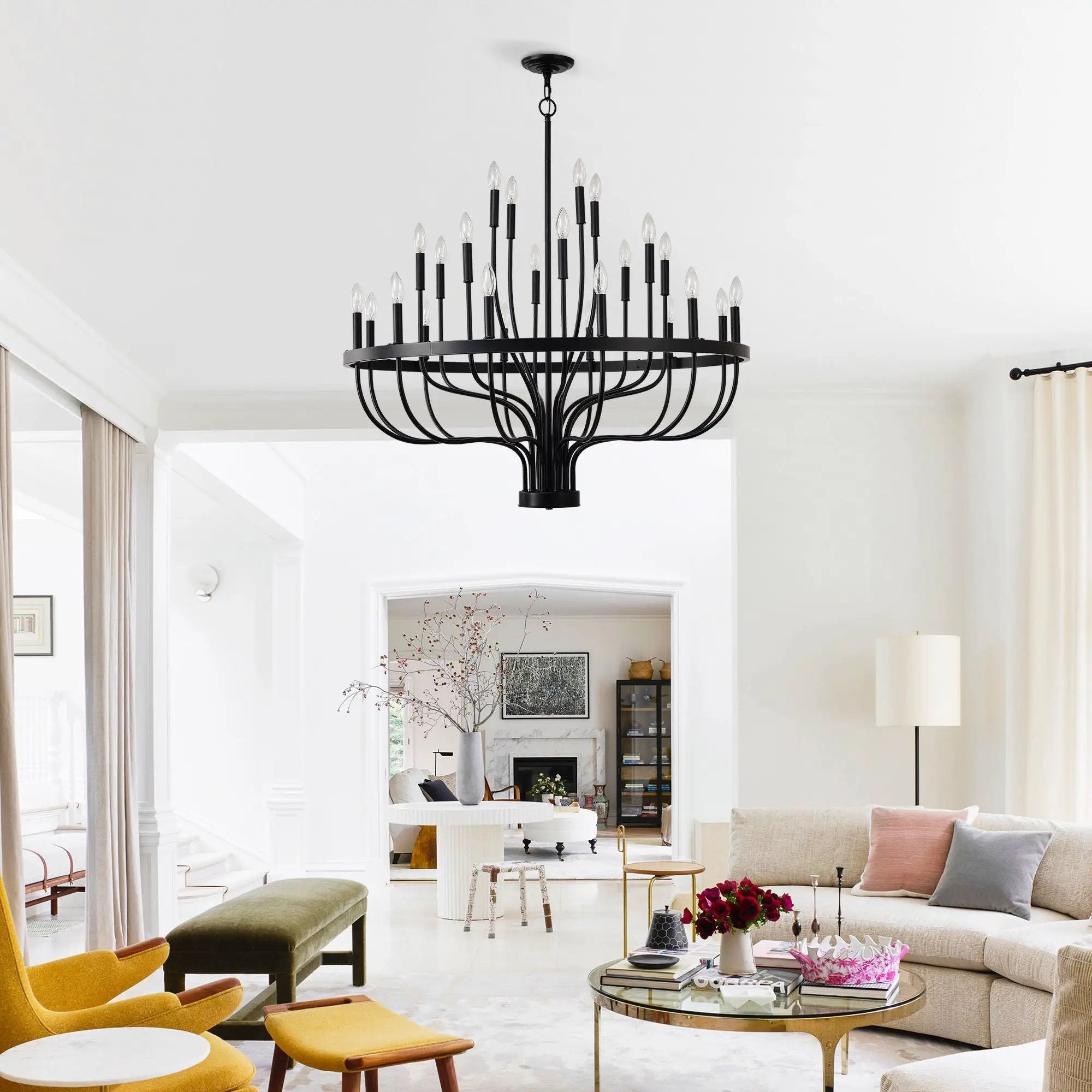 24 Light Chandelier Industrial Iron Candle Chandelier Modern Suspended Farmhouse Chandeliers Pendant Light Fixtures For Dining Room Bedroom Living Room Kitchen Island Foyer E12 Bulb (No Include) - Black by HouseOfZazla
