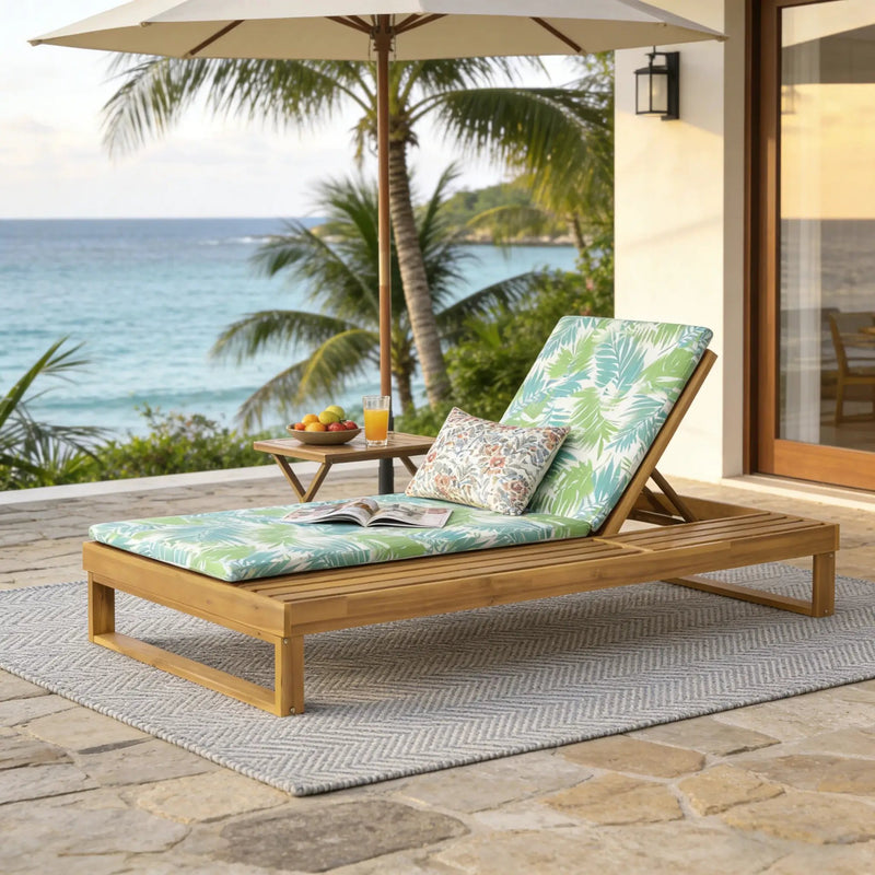Teak Finish Acacia Wood Chaise Lounge with Leaf Coconut Cushion by HouseOfZazla