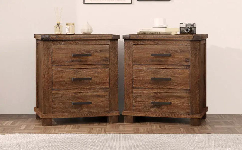 Rustic Three Drawer Reclaimed Solid Wood Farmhouse Nightstand Set of Two by HouseOfZazla