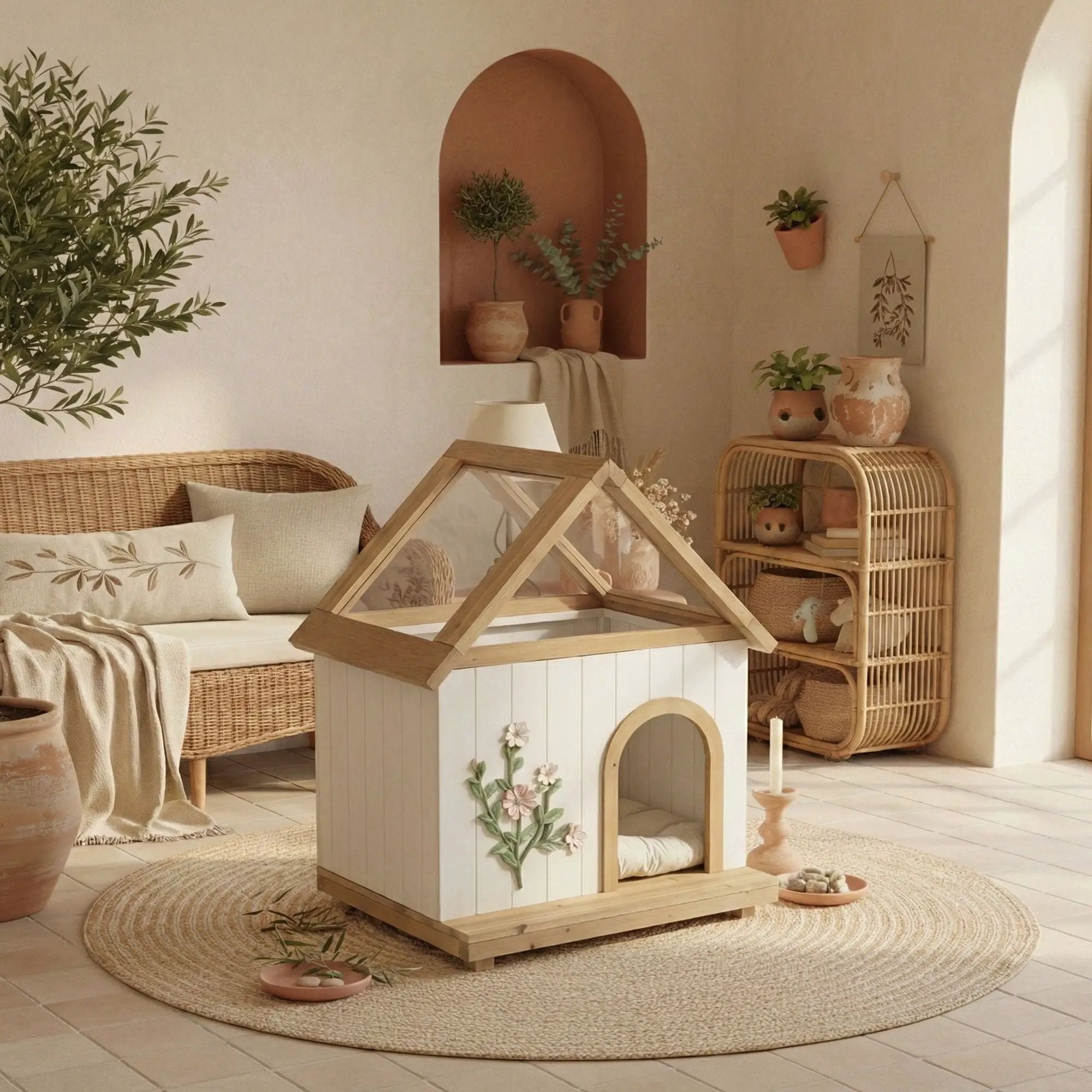 Daisy Cat House With Roof & Indoor Outdoor Pet Shelter For Cats & Small Dogs (11–25 Lbs) - White / Wood by HouseOfZazla