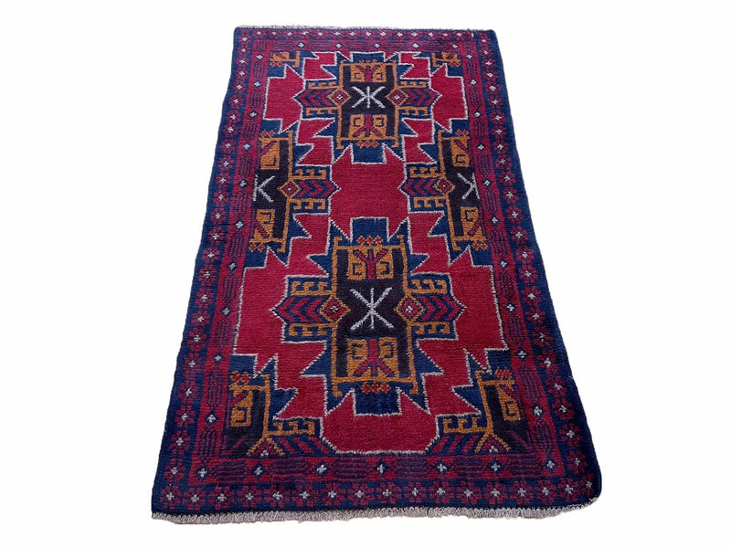 2' 8" X 4' 6" Vintage Handmade Tribal Wool Rug Balouchi Rug Afghan Rug Red Blue by Jewel Rugs