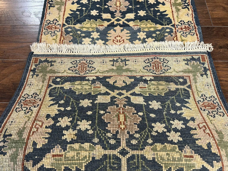 Indian Runner Rug 2.6 x 12, Navy Blue Beige Oriental Runner Rug 12ft Long, Narrow Hallway Runner, Wool Hand Knotted Indo Persian Mahal Rug by Jewel Rugs