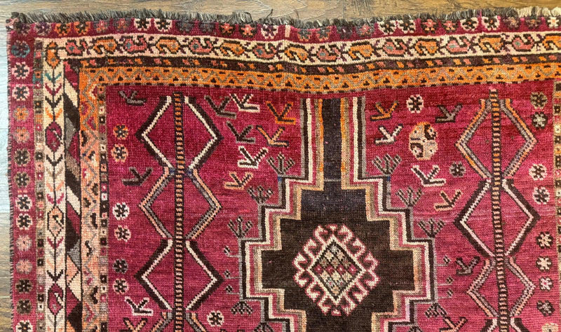 Persian Tribal Shiraz Rug 5x8, Geometric, Raspberry Red and Charcoal, Antique Persian Carpet by Jewel Rugs