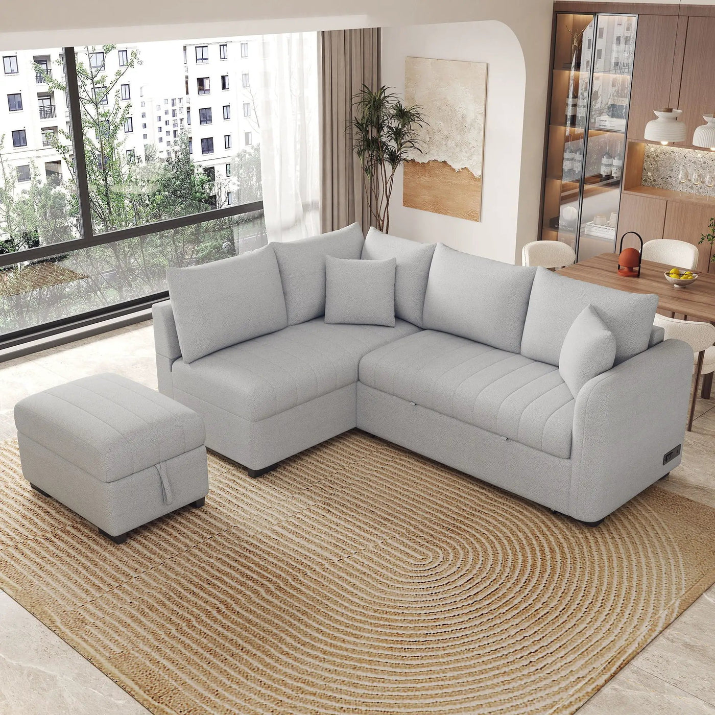 L-Shaped Sectional Pull Out Sofa Bed Sleeper Sofa With Two USB Ports, Two Power Sockets And A Movable Storage Ottoman by HouseOfZazla