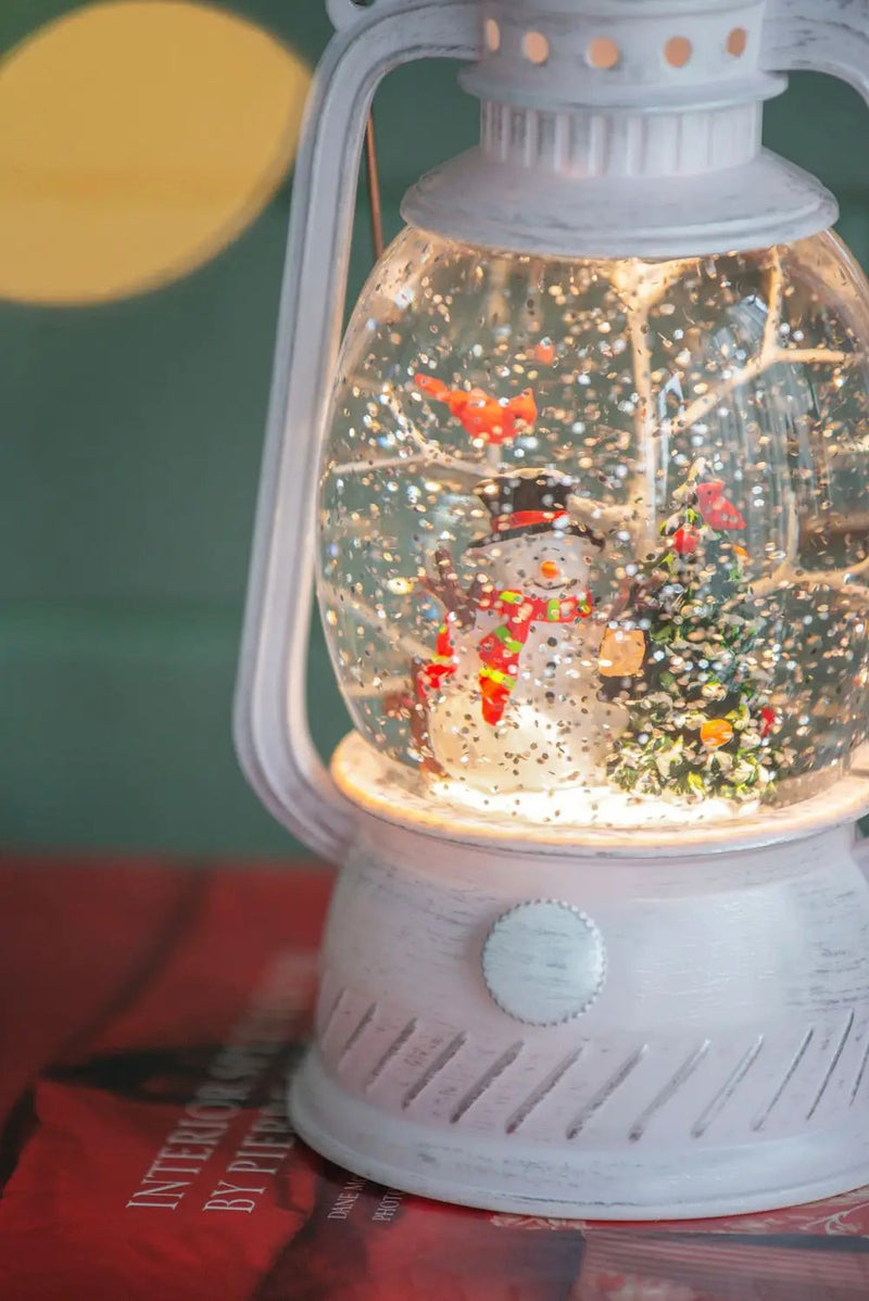 Christmas Plastic / Resin Lantern With Snowman & Tree LED / Water Spinning / 6 Hours Timer, 3*AA Batteries Required - White / Multi by HouseOfZazla