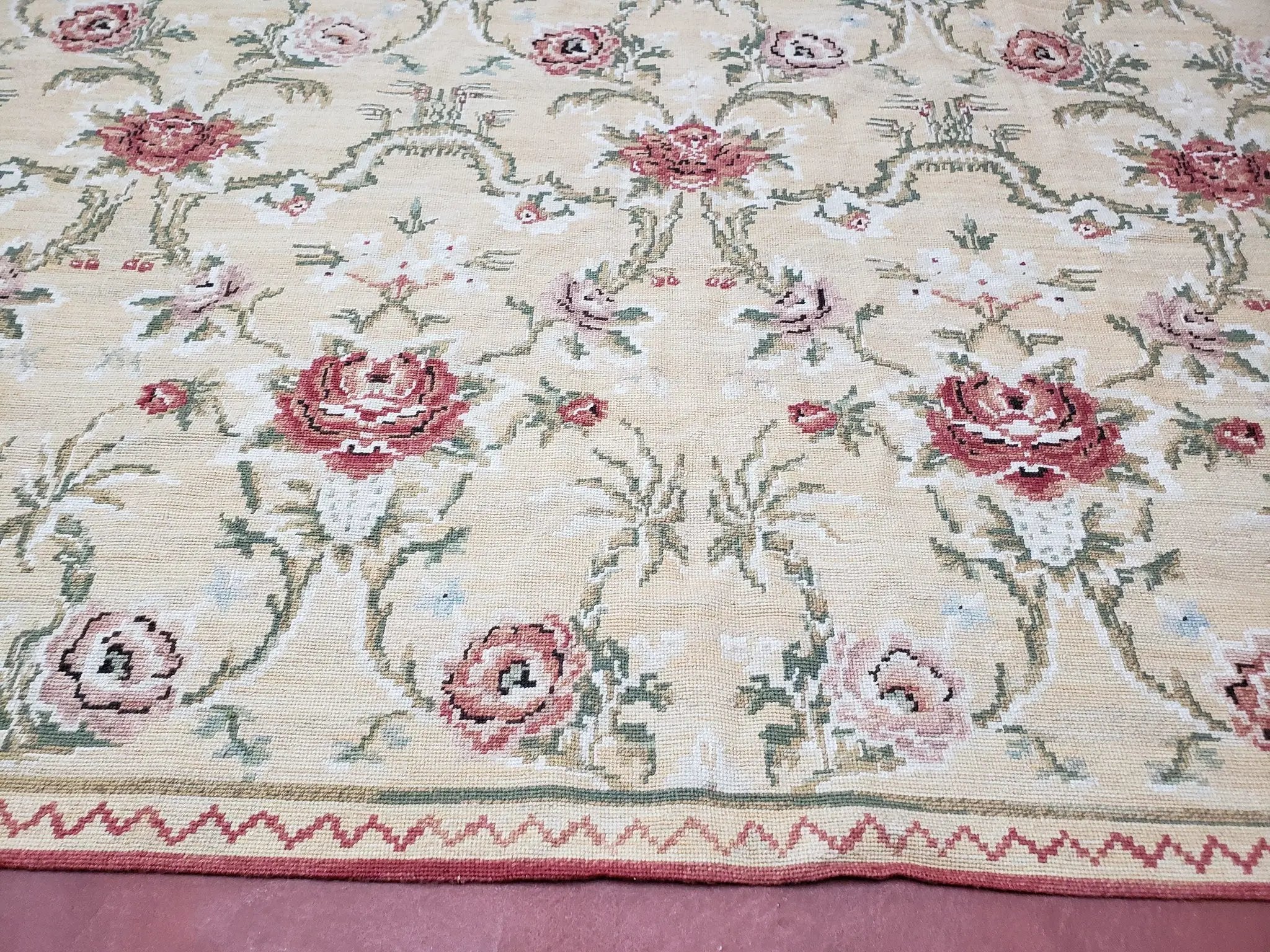 Needlepoint Rug 10x14 Wool Flatweave Carpet, English Floral Pattern, Pale Yellow, Roses, Allover Pattern, Handmade Large Needlepoint Nice by Jewel Rugs