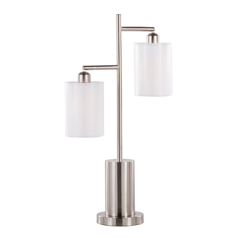 Cannes Contemporary Table Lamp in Nickel Metal with White Shades by HouseOfZazla