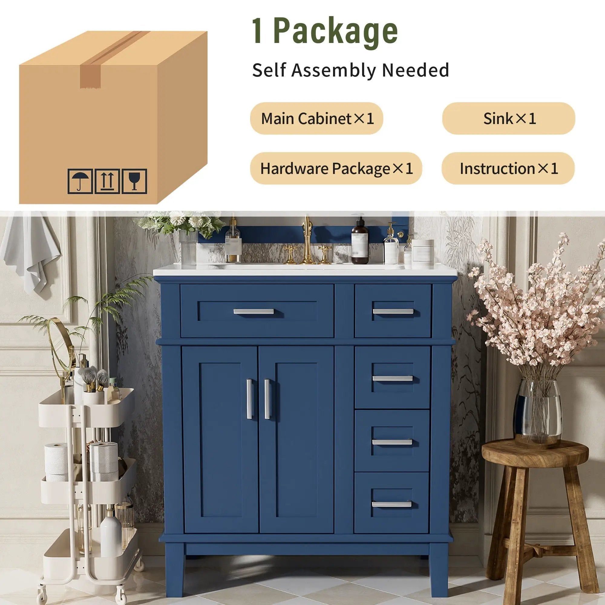 Modern Bathroom Vanity With Sink, Storage Cabinet, Soft Close Doors, Deep & Standard Drawers