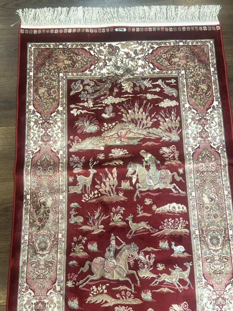 Turkish Silk Rug 2.6 x 6.7, Hunting Design, Short Runner Rug, Red & Ivory, Bamboo Silk, New by Jewel Rugs