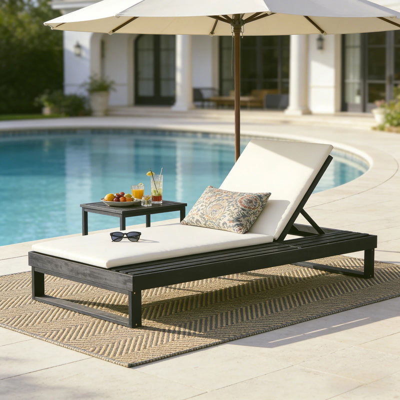 Black Acacia Wood Chaise Lounge with 1.57-Inch Cushions by HouseOfZazla