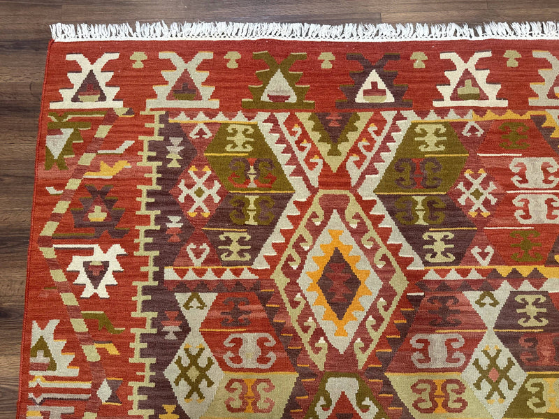 Turkish Kilim Rug 8x10, Geometric Design, Large Kilim Carpet by Jewel Rugs