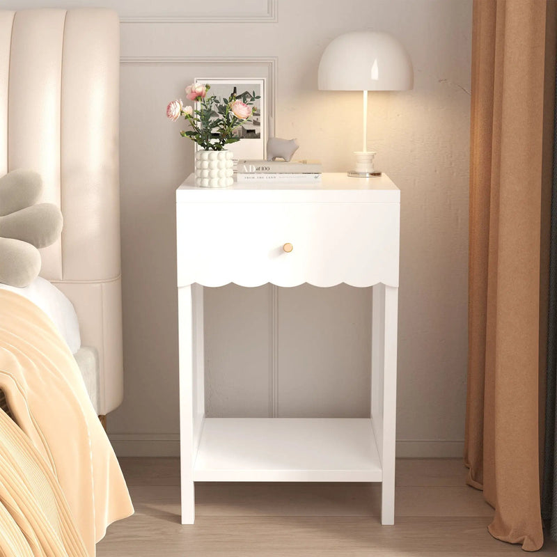 Nightstand With Drawer And Open Shelf, Scalloped Edge Bedside Table by Unique Piece Furniture
