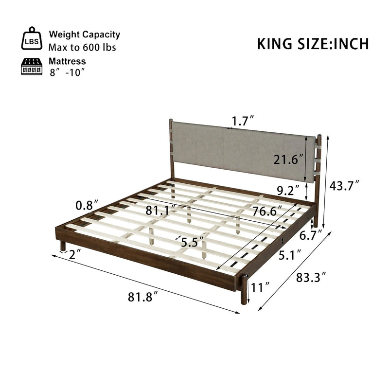 Premium Rubber Wood Platform Bed Frame, King Size with Headboard by HouseOfZazla