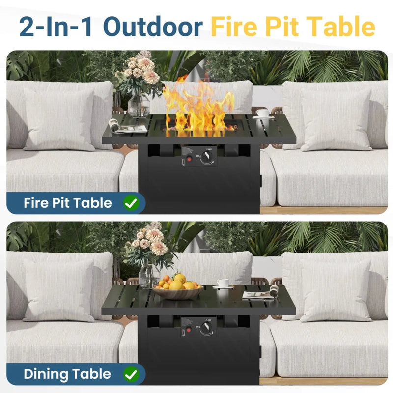 Square 2 In 1 Outdoor Propane Fire Pit Table With Stainless Burner, Lava Rocks, Lid & Waterproof Cover - Black by HouseOfZazla