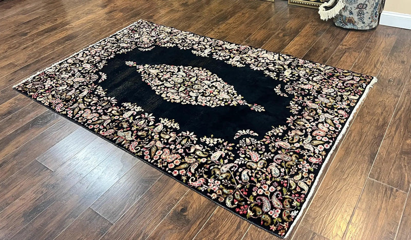 Antique Persian Kirman Rug 5x8, Floral Kirman, Midnight Blue/Black, Semi Open Field, Handmade Vintage Wool Carpet by Jewel Rugs