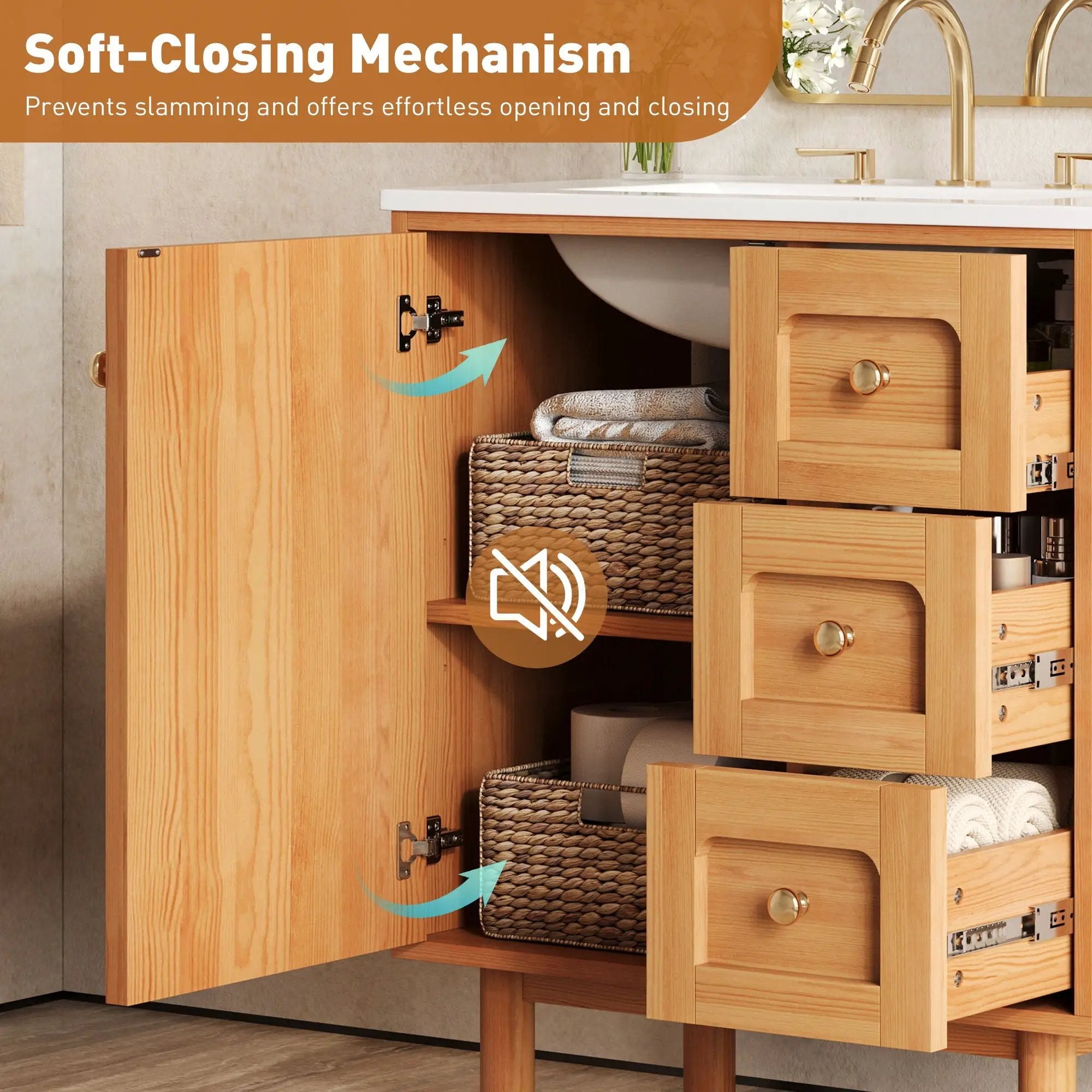 Bathroom Vanity With Sink, 3 Drawers, Soft Close Door - Natural Wood by HouseOfZazla
