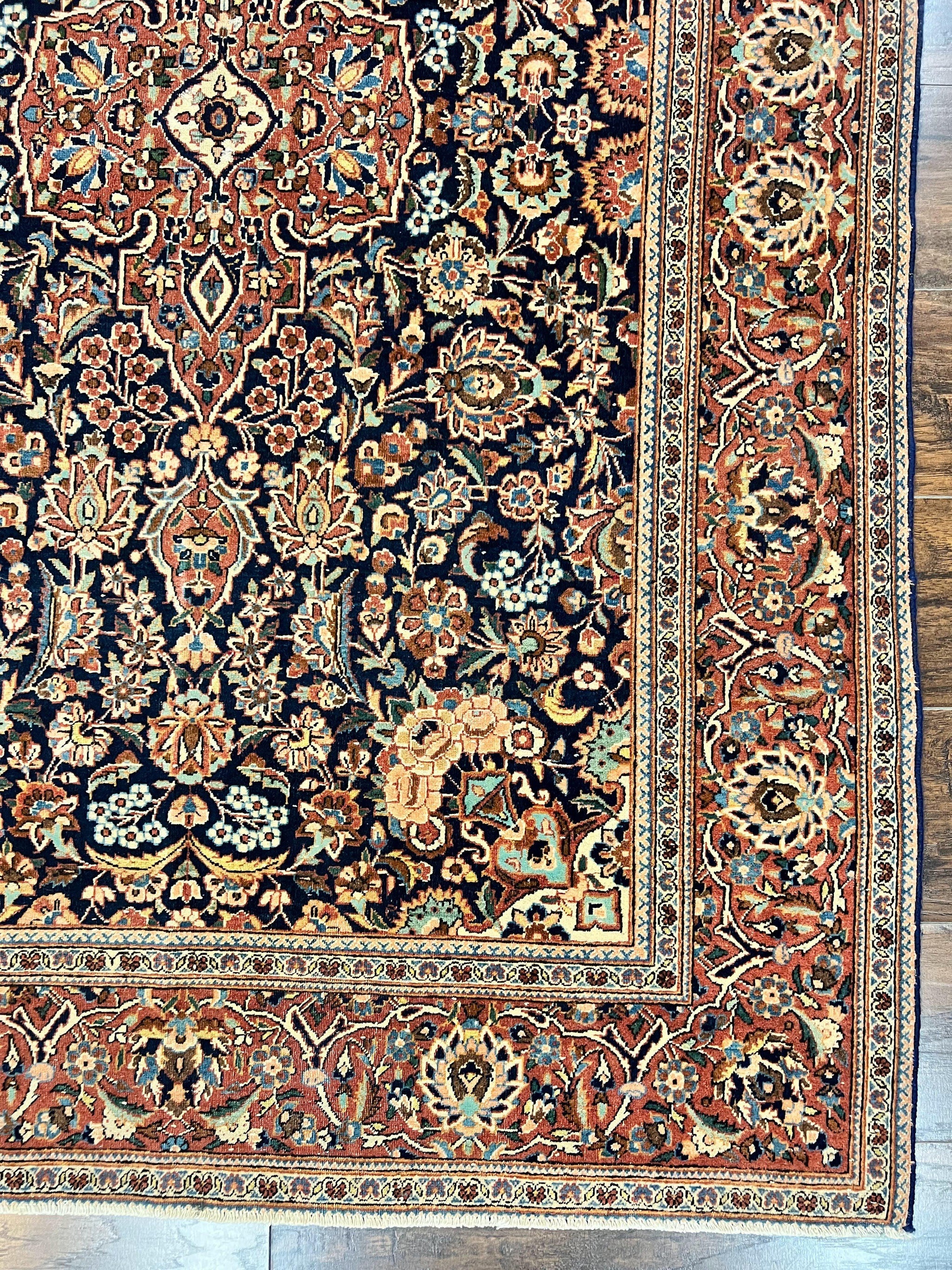 Persian Kashan Rug 4x7, Floral Medallion Vintage Handmade Hand Knotted Navy Blue & Red Wool Oriental Carpet, Highly Detailed Semi Antique Rug by Jewel Rugs
