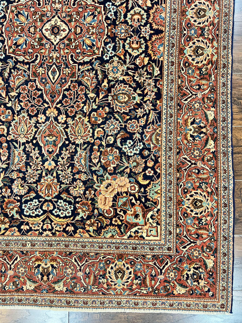 Persian Kashan Rug 4x7, Floral Medallion Vintage Handmade Hand Knotted Navy Blue & Red Wool Oriental Carpet, Highly Detailed Semi Antique Rug by Jewel Rugs
