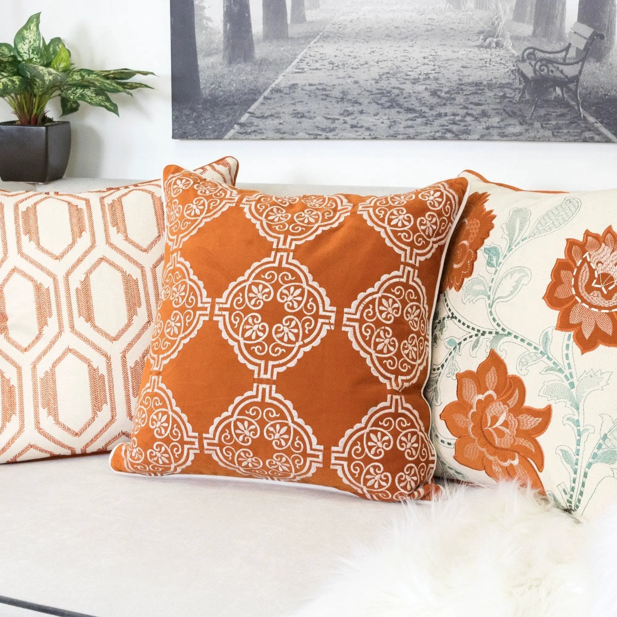 Burnt Orange Damask Embroidered Throw Pillow by HouseOfZazla