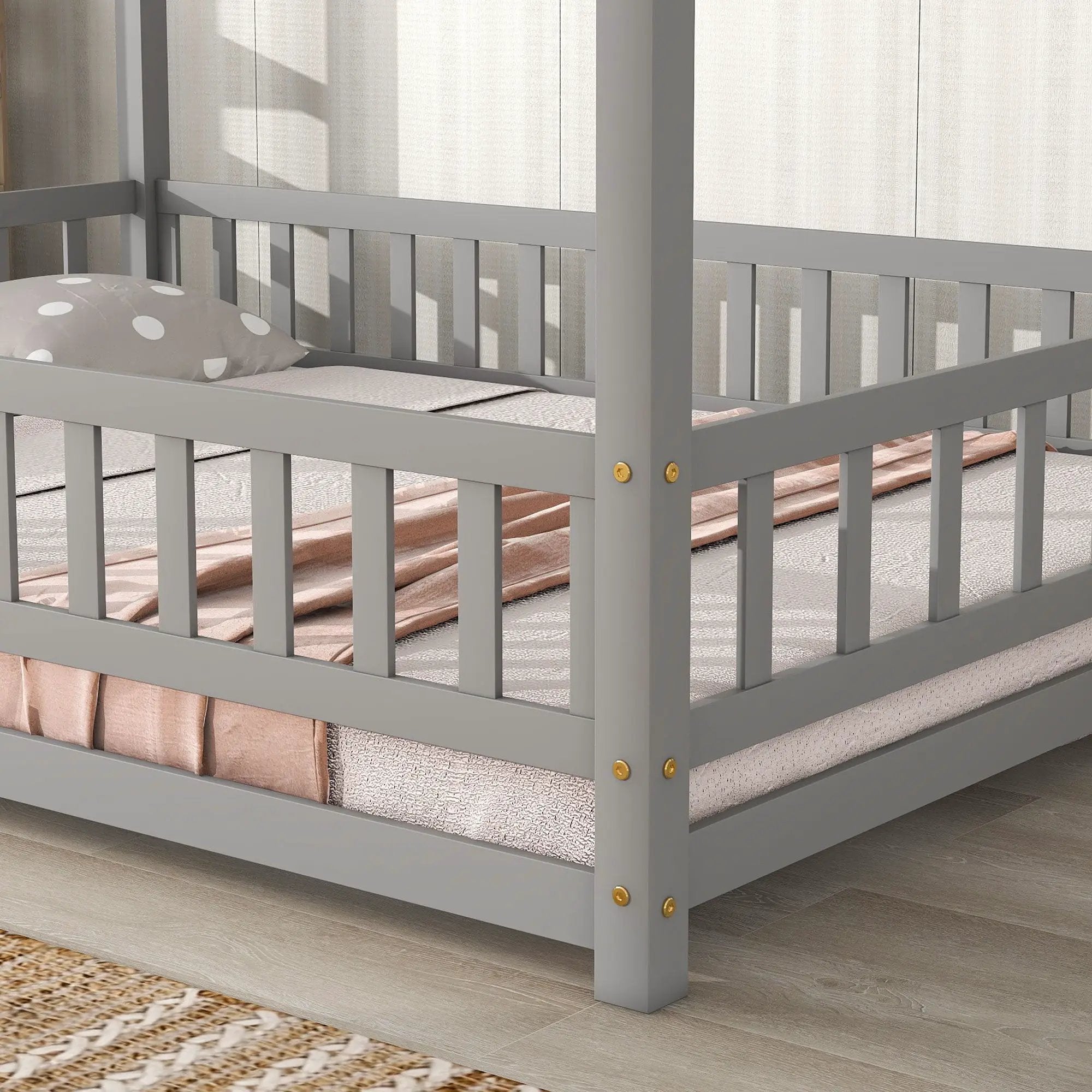 Floor Wooden Bed With House Roof Frame, Fence Guardrails by HouseOfZazla