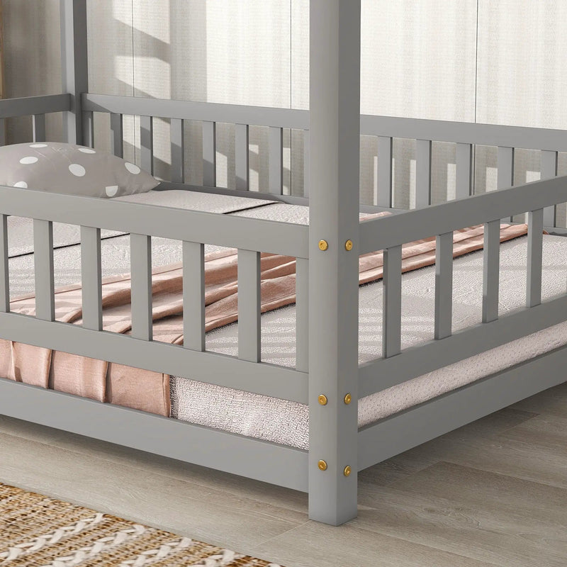 Floor Wooden Bed With House Roof Frame, Fence Guardrails by HouseOfZazla