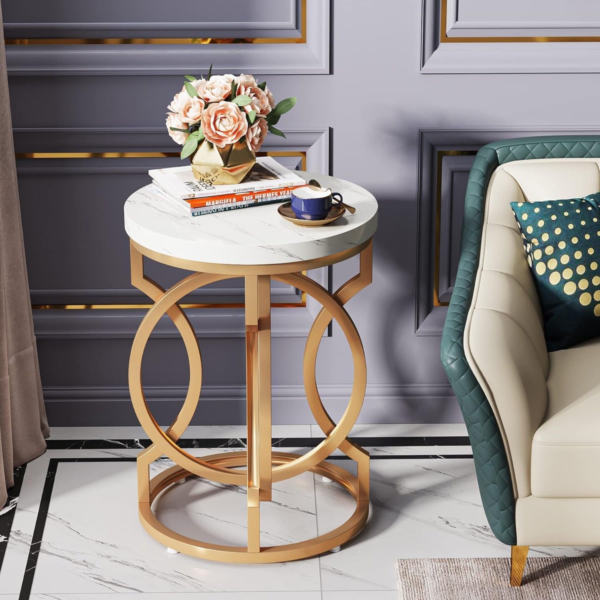 Round End Table With O-Shaped Base - White / Gold by HouseOfZazla