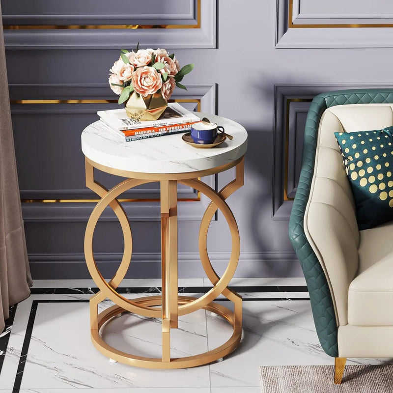 Round End Table With O-Shaped Base - White / Gold by HouseOfZazla