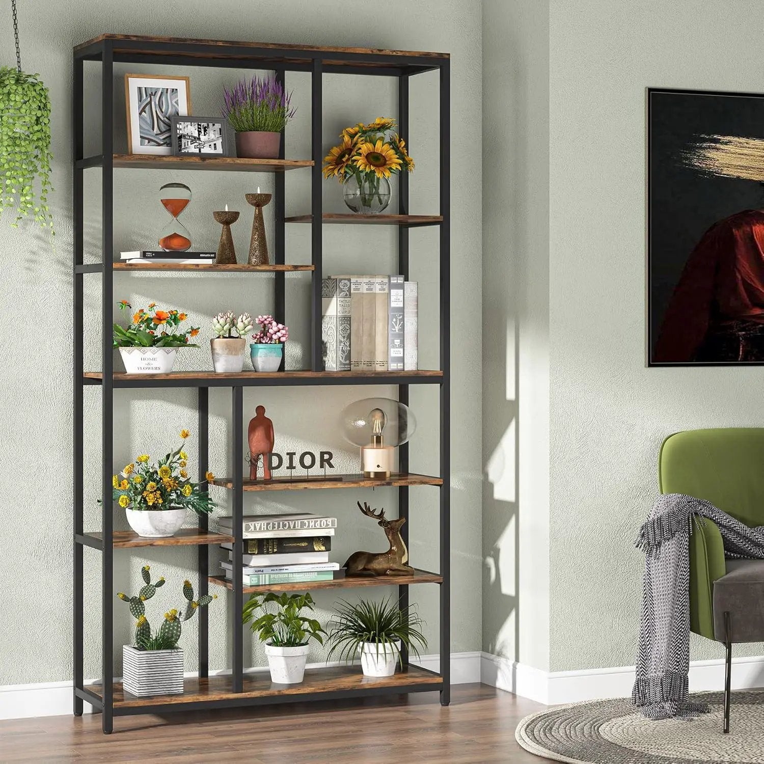 Extra Tall 8 Tier Staggered Etagere Bookcase With 8 Shelves Organizer For Living Room - Rustic Brown by HouseOfZazla