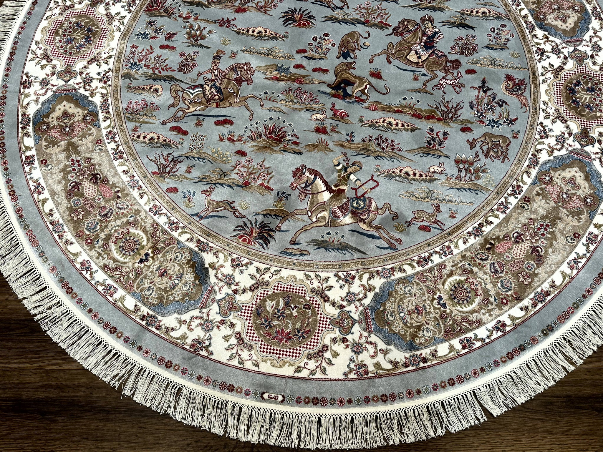 Round Silk Rug 6x6, Hunting Design, Bamboo Silk, Animal Pictorials by Jewel Rugs