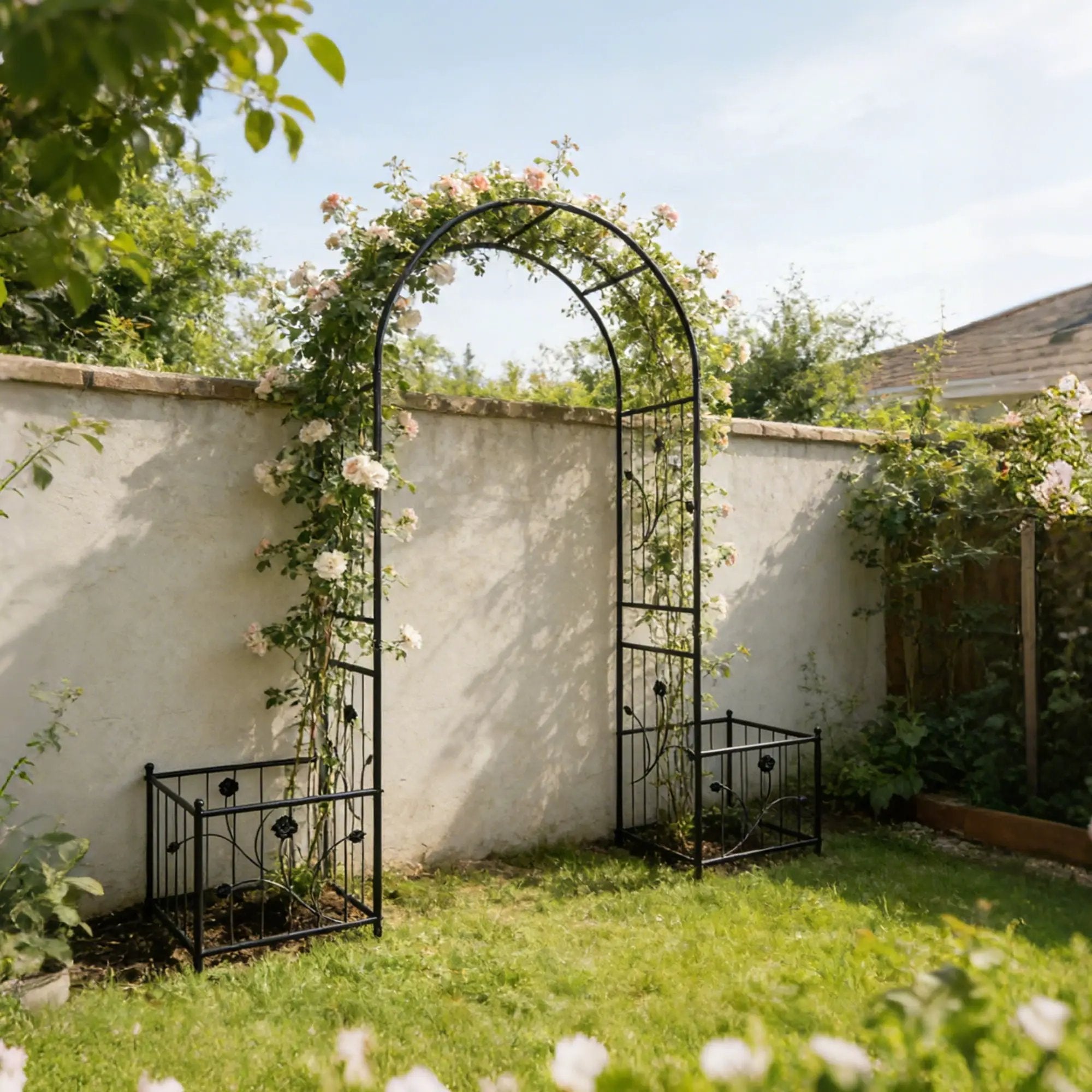 Metal Garden Arch With Two Plant Stands Wide High Climbing Plants Support Rose Arch Outdoor - Black by Unique Piece Furniture