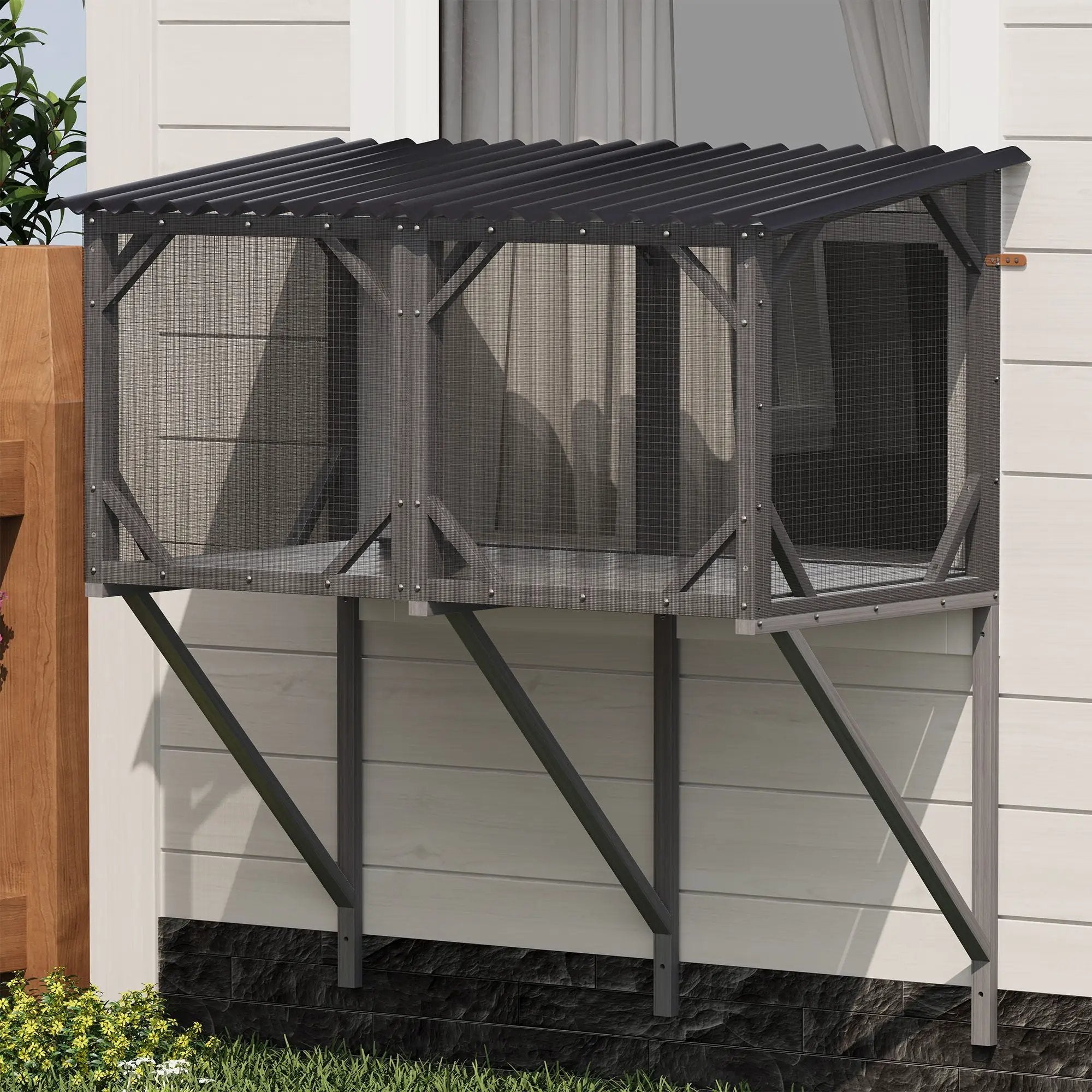 Premium Cat Window Box With Bug Proof Net For Large Indoor Cats Spruce Wood & Polyester - Antique Gray by HouseOfZazla