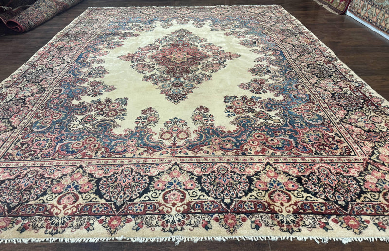 Persian Sarouk Rug 9x12, Ivory & Blue, Semi Open Field by Jewel Rugs